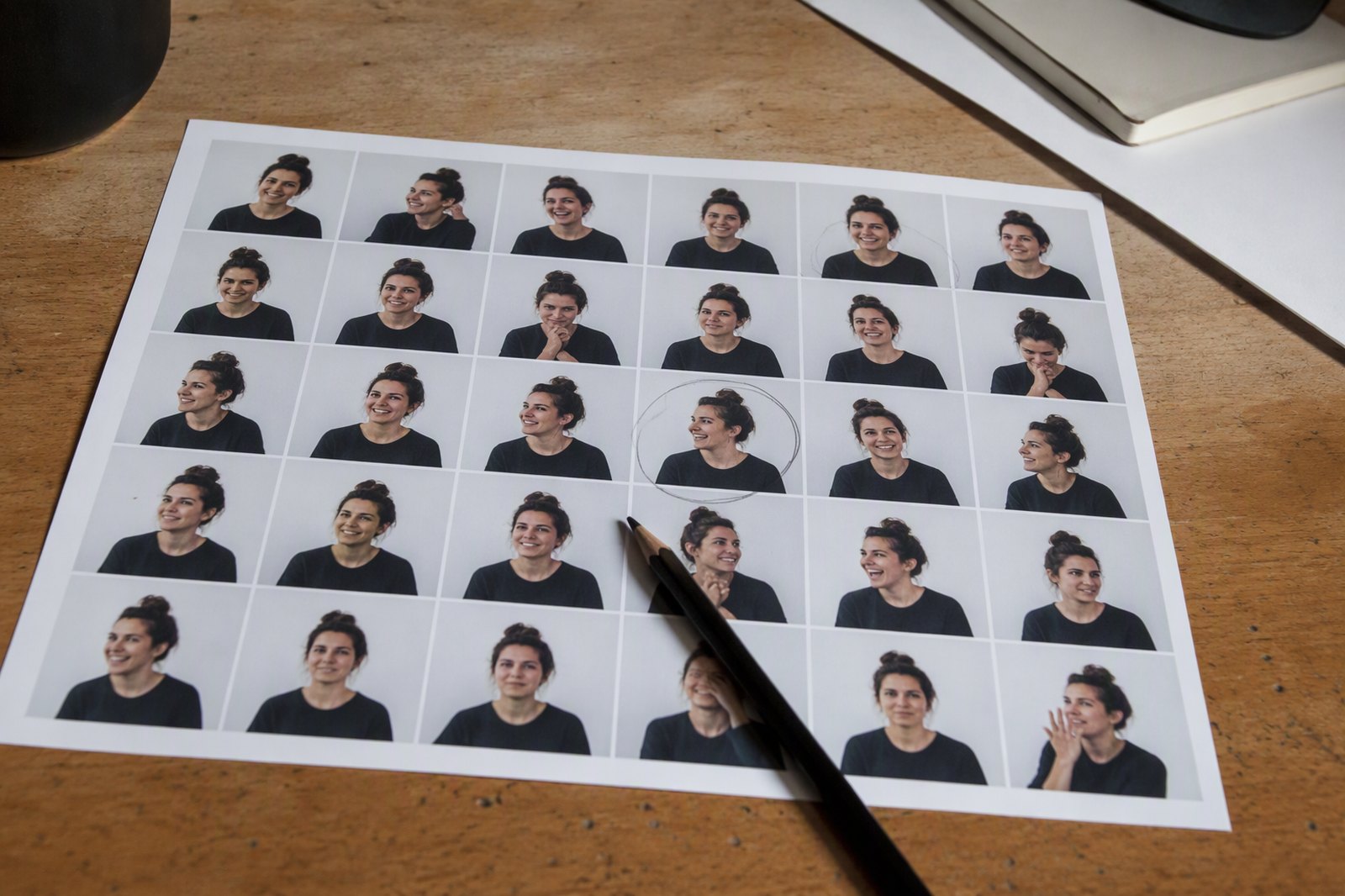 A contact sheet of generated portraits with two of them circled