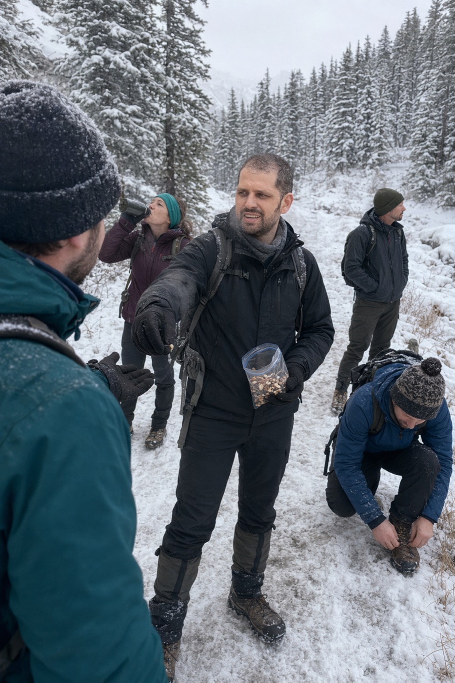 A man handing out trail mix to a group on a snowy hike, the others turned toward him