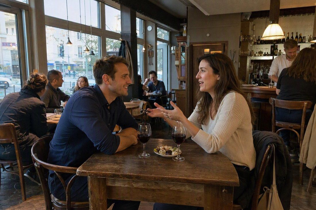 A man listening and smiling while his date tells a story with her hands, at a small table in a busy wine bar