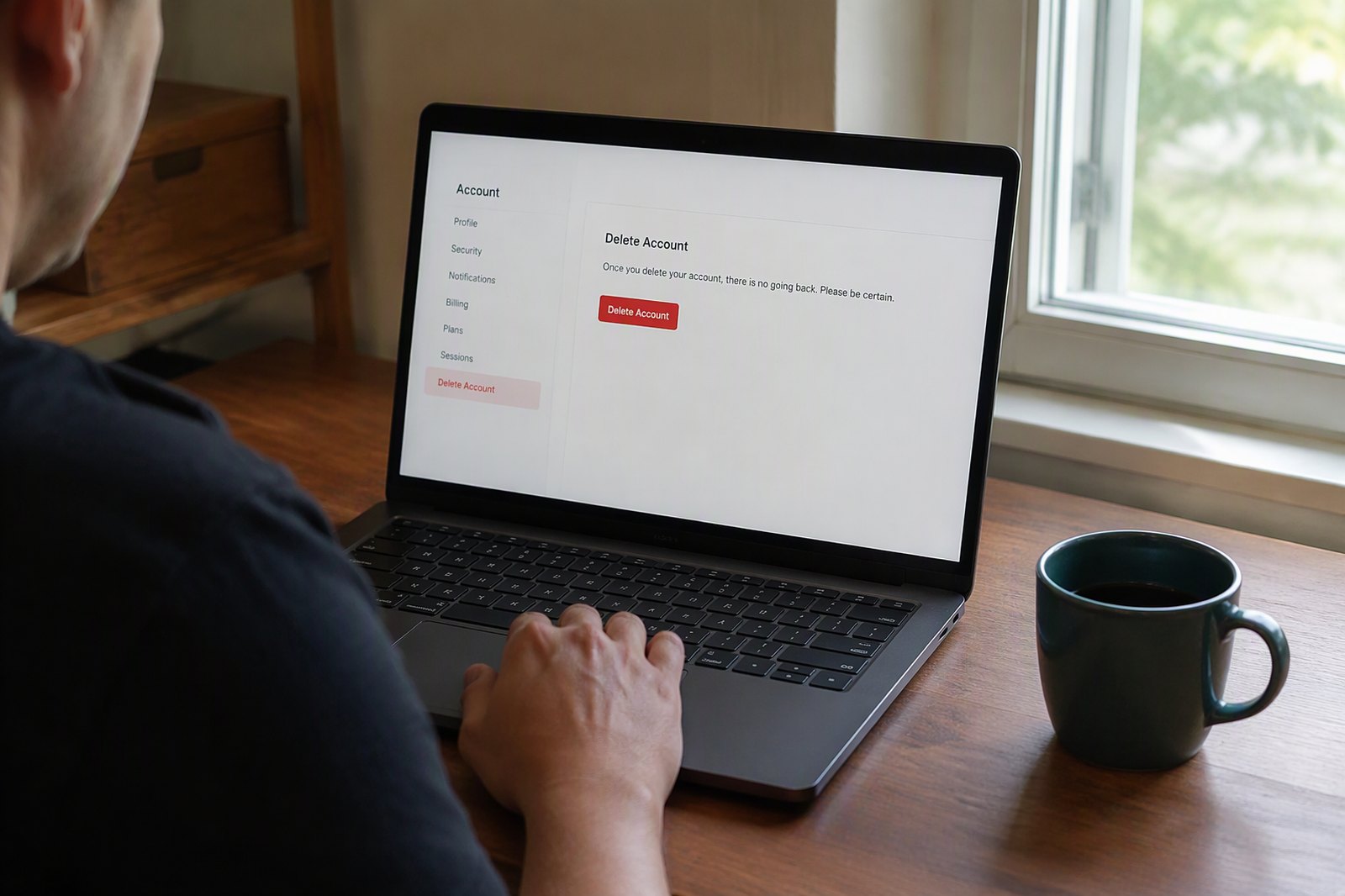 An account settings screen with a delete account option