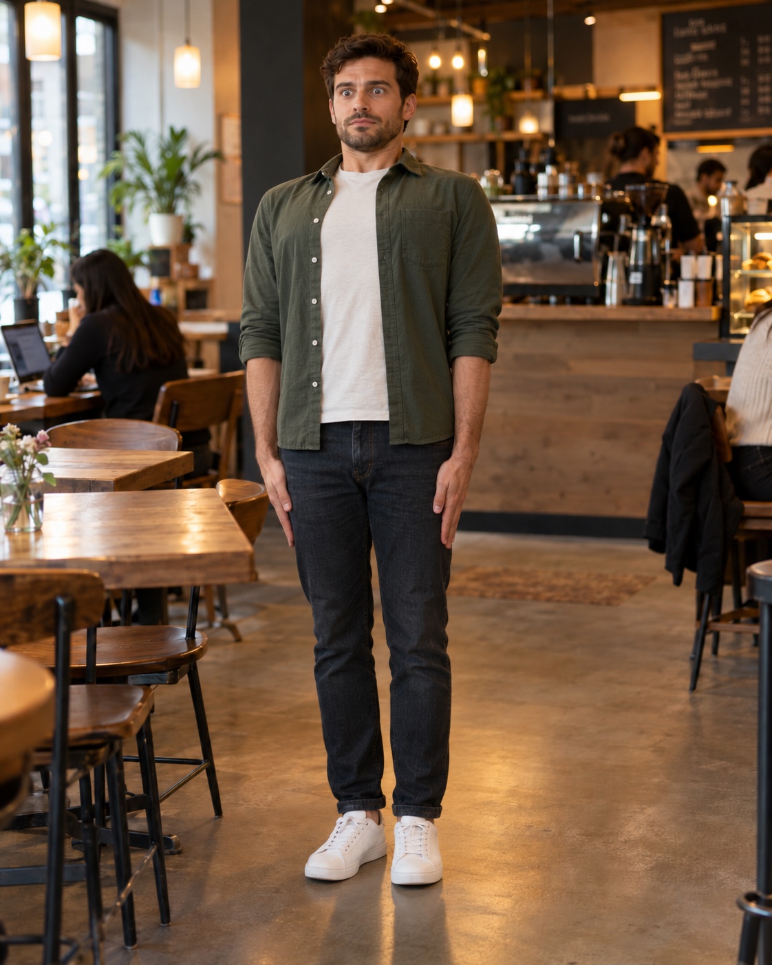 A man standing square to the camera in a cafe, arms hanging flat at his sides