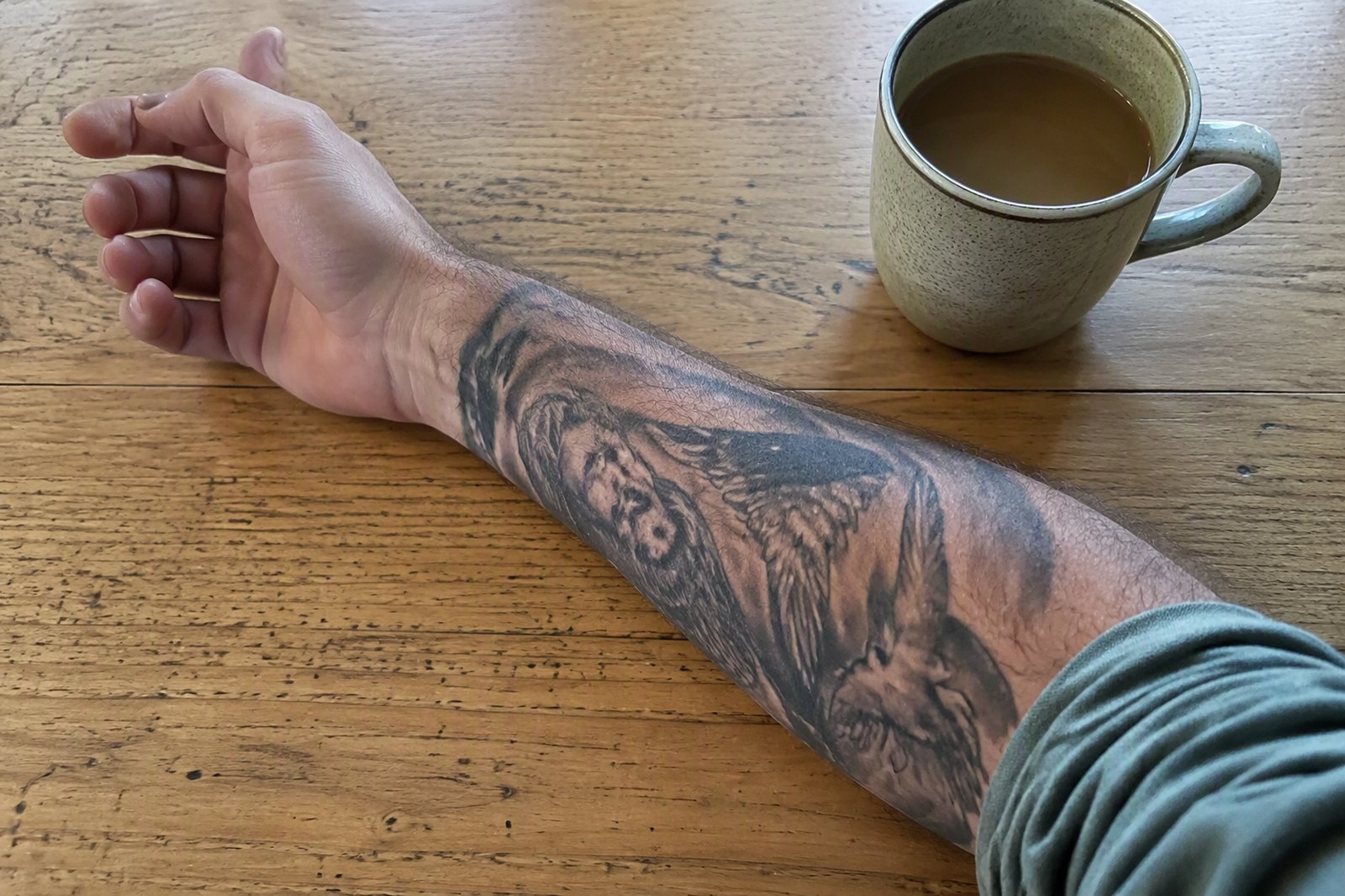 A forearm tattoo in ordinary daylight