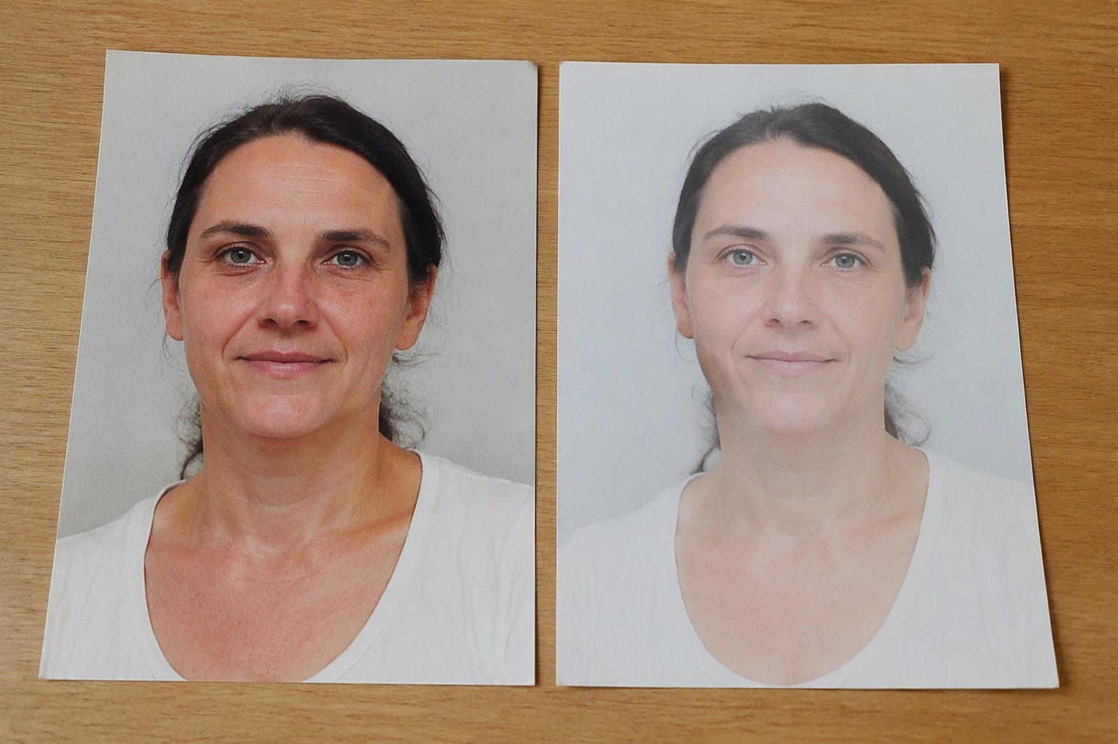 Two portraits of the same person side by side with visibly different skin tones