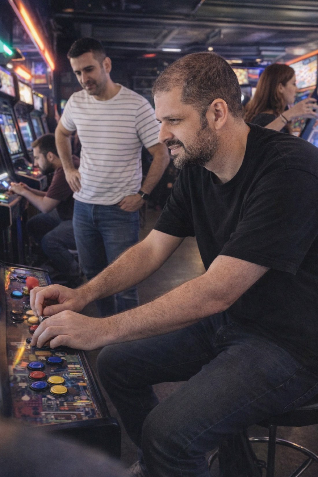 Instant AI photo generator result: a man playing an arcade game with friends