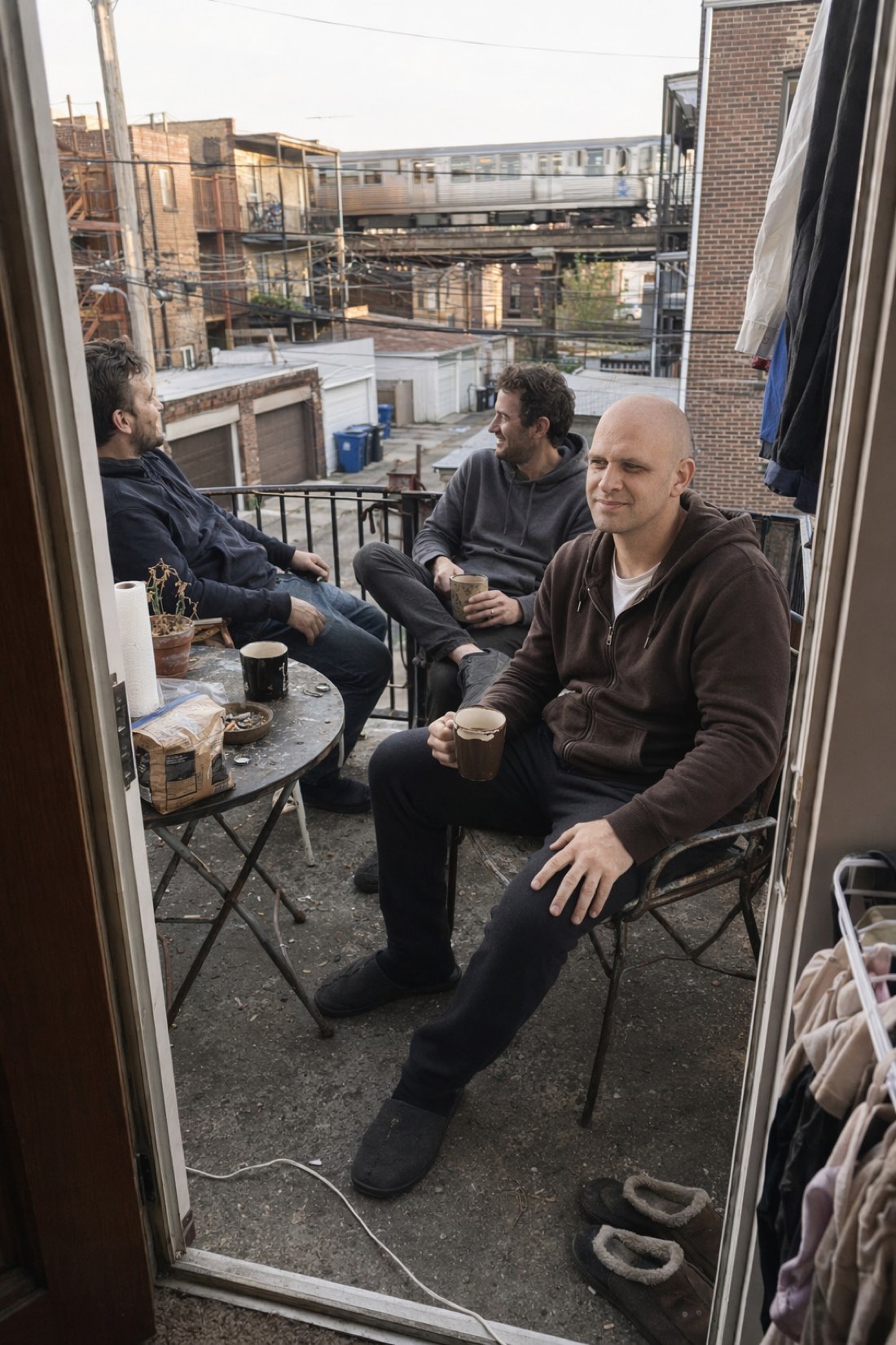 Man having morning coffee with friends on a city balcony