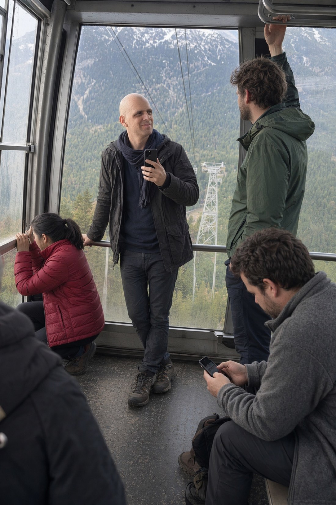 Man in a mountain cable car taking in the view, an adventurous personality photo for a Hinge profile