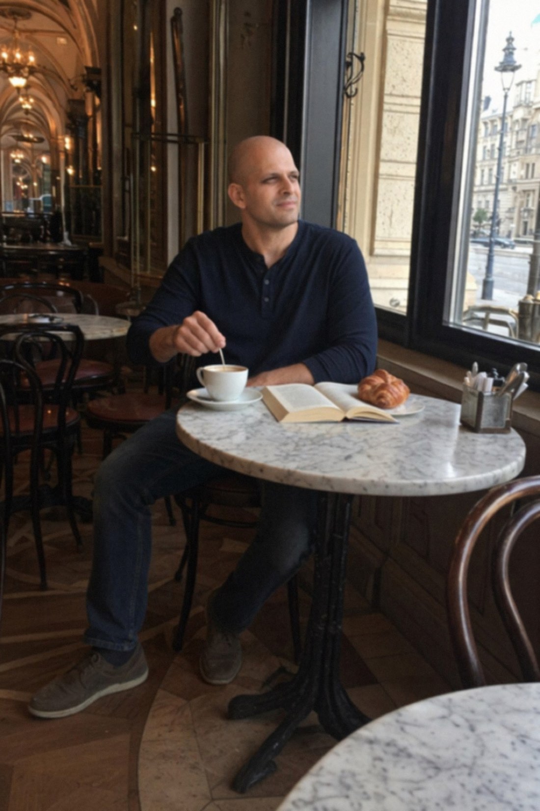 Man at a grand café in a navy henley, a realistic AI headshot that looks like him
