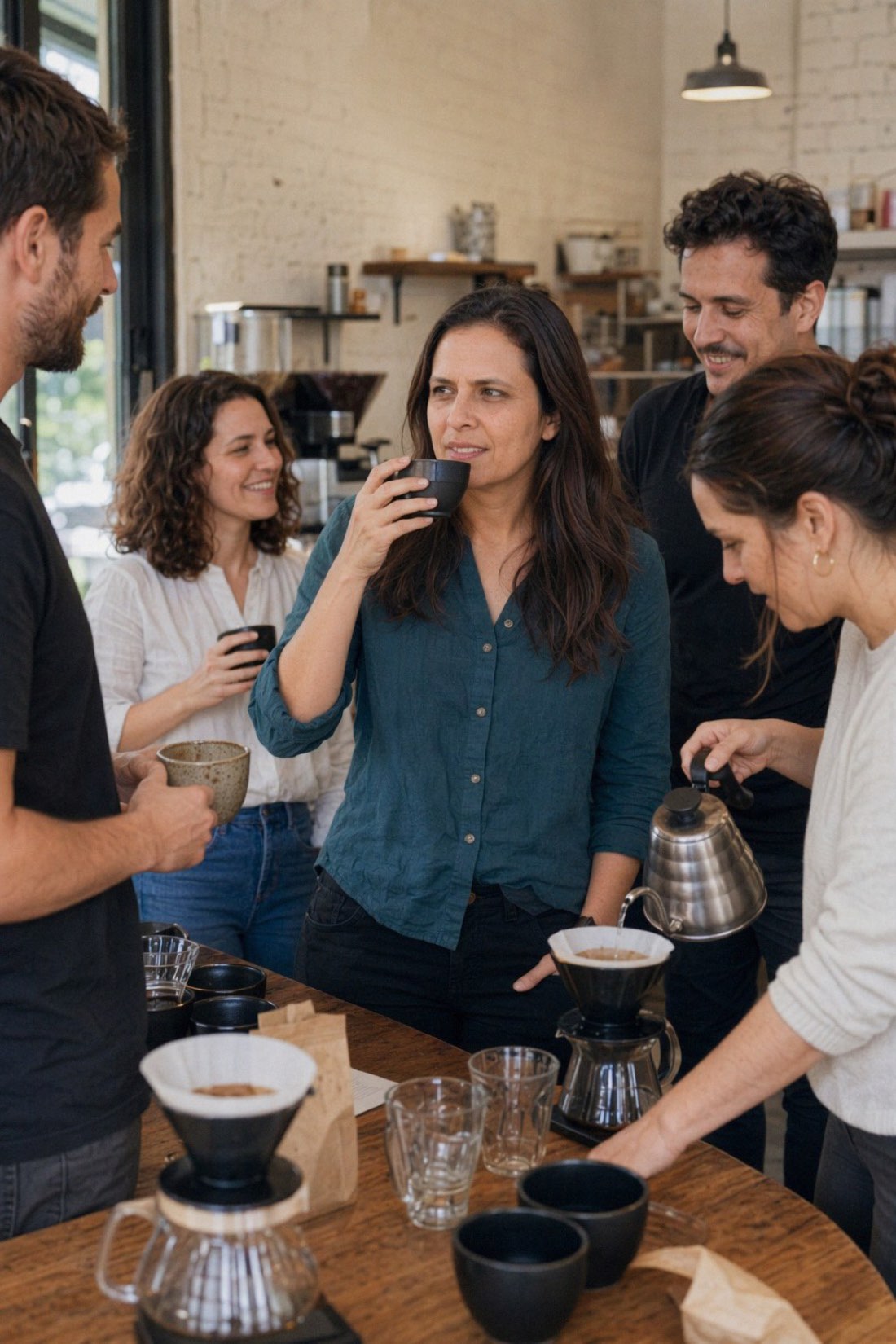 Woman tasting coffee at a roastery cupping session