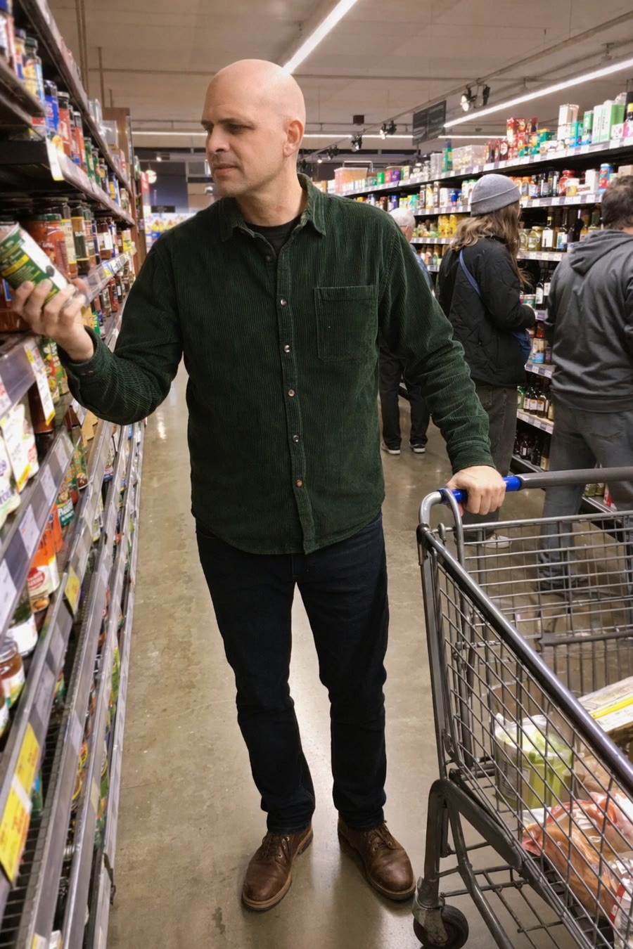 The pocket observation: he saw birthday candles in her cart and never mentioned them. Correct. Man browsing a grocery aisle with a cart beside him