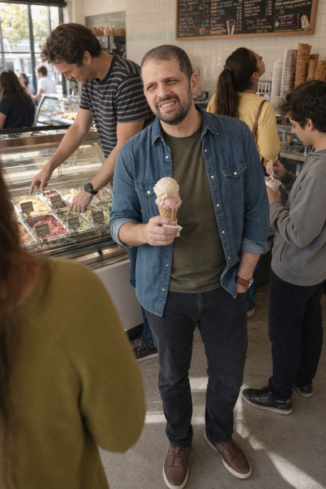 Man holding an ice cream cone at a gelato shop