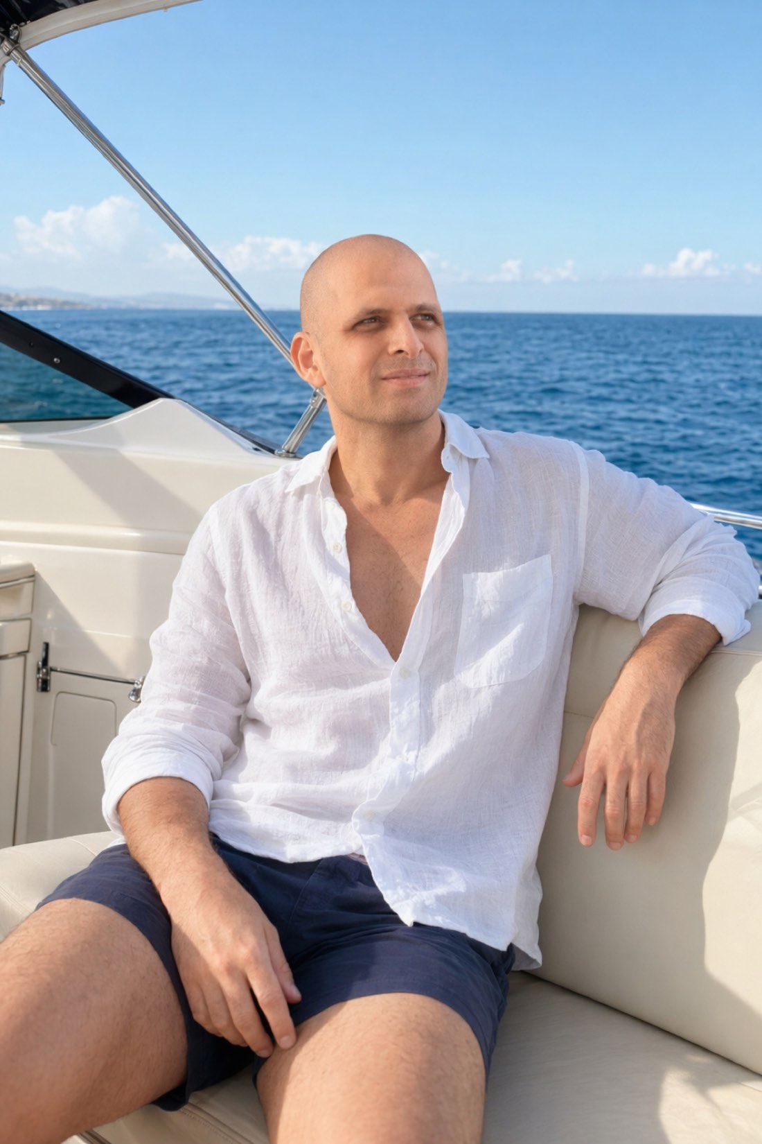 Man in a white linen shirt relaxing on a boat at sea
