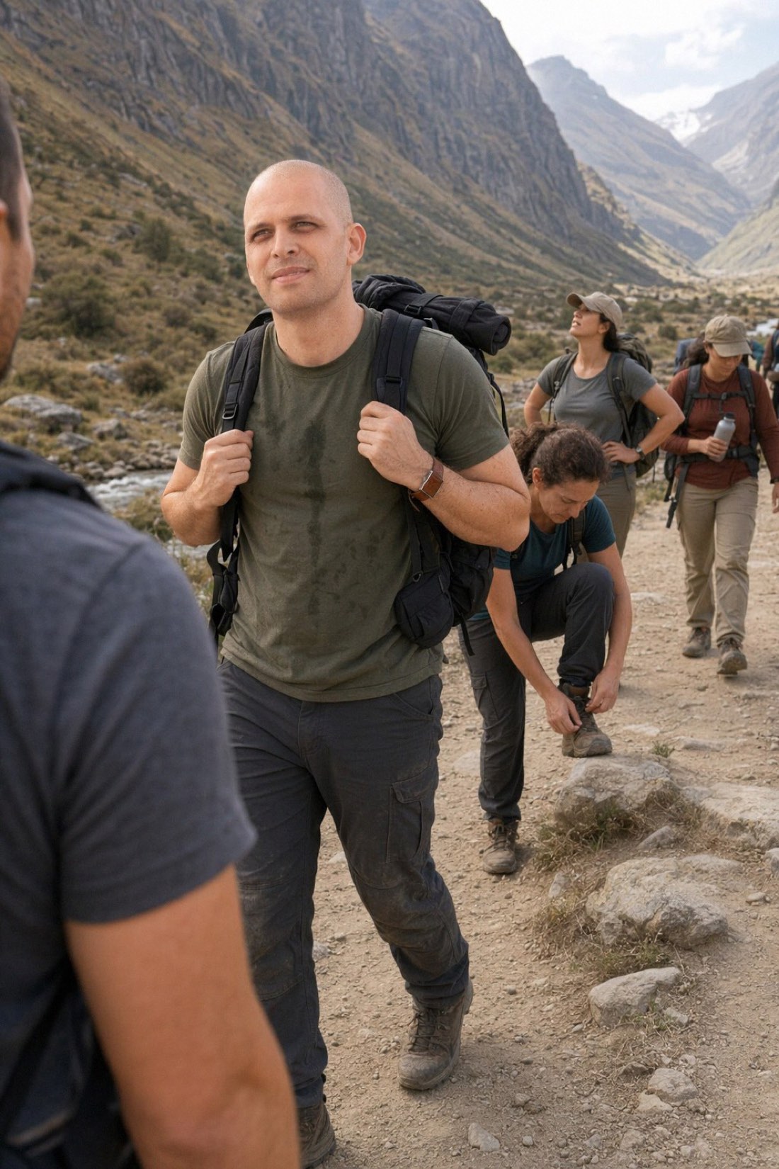 Man trekking through a mountain valley with a backpack, a realistic AI travel photo