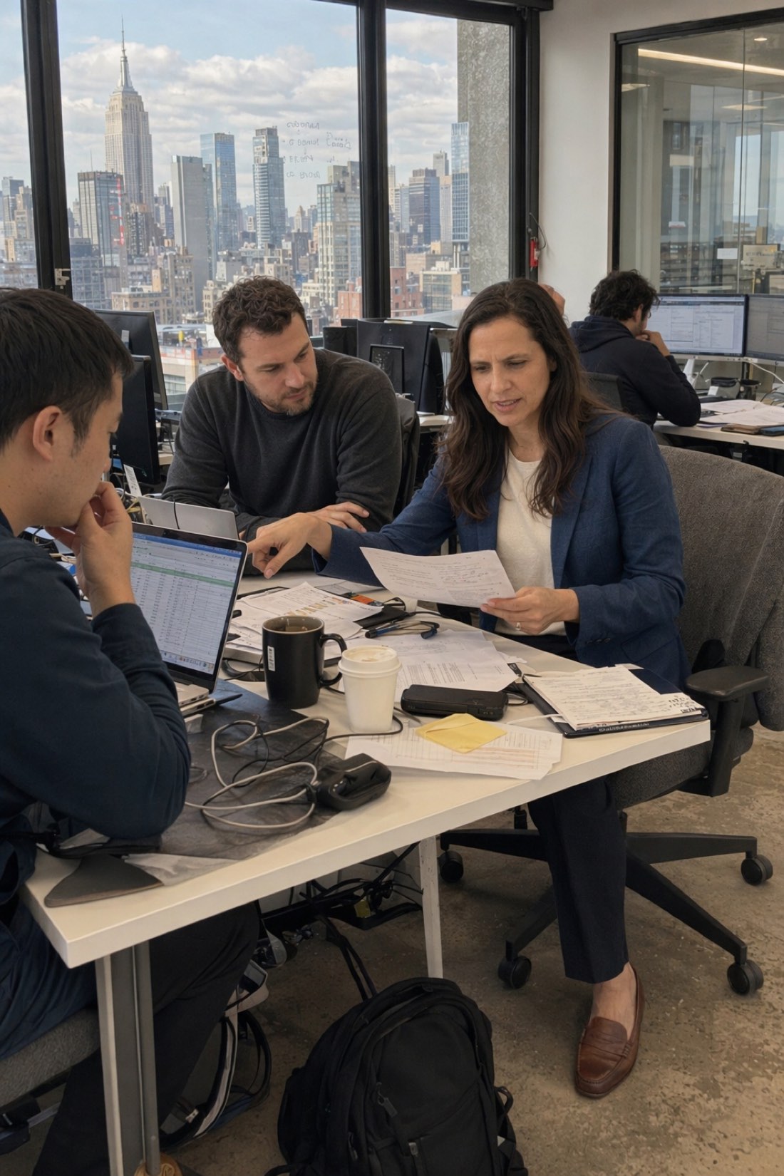 Professional at a high-rise office desk with a city skyline, an AI personal branding photo