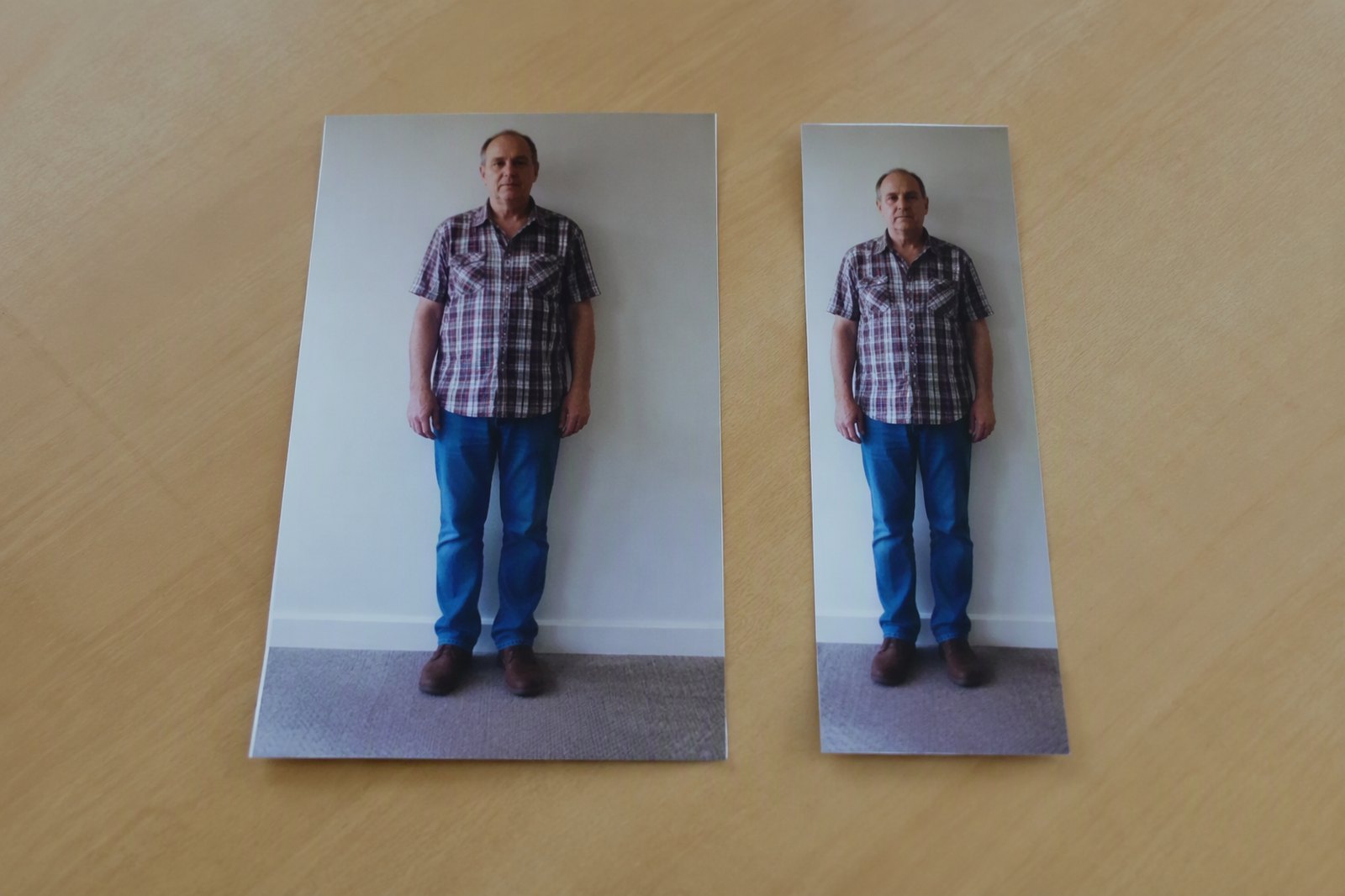 Two printed photographs of the same person side by side, one visibly narrower than the other