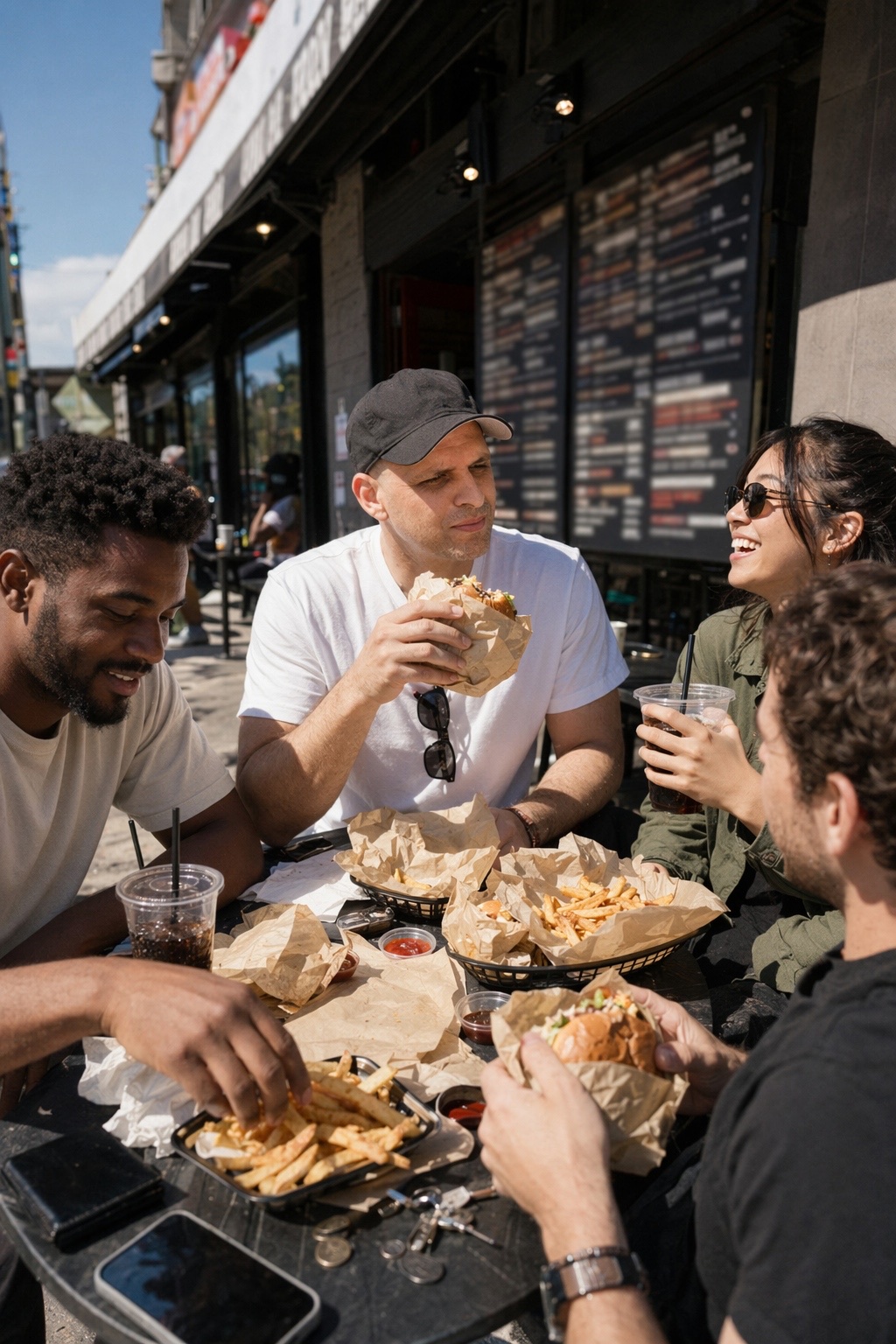 Four friends sharing a meal at a street table, all turned toward the one who is talking
