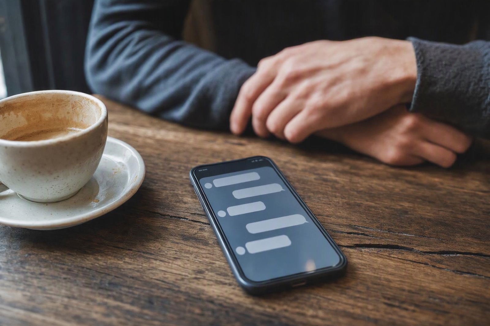 A phone on a table showing an open dating-app conversation