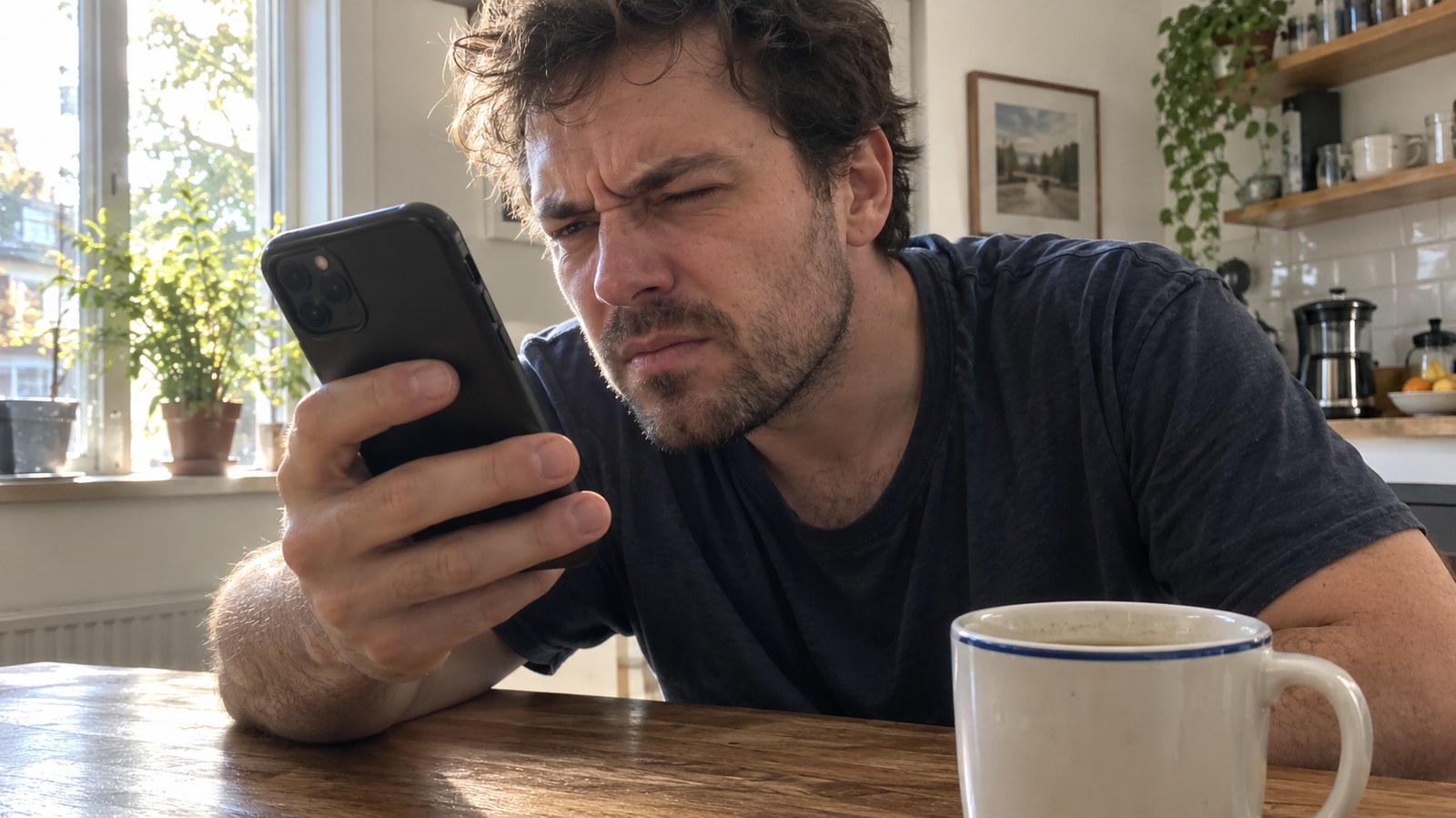 A man at a kitchen table inspecting his phone with a suspicious look