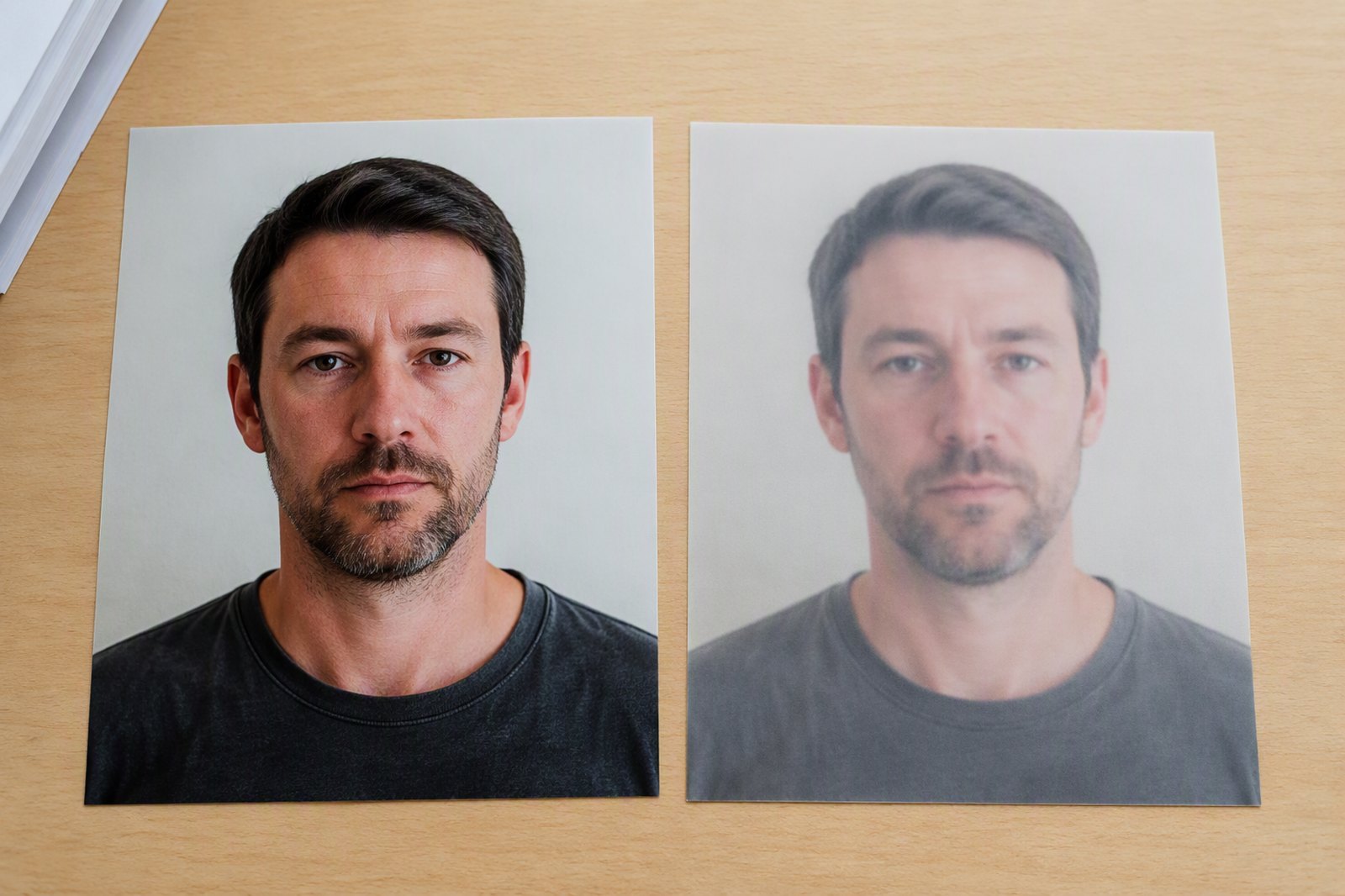 Two portraits of the same person generated months apart, visibly different in quality
