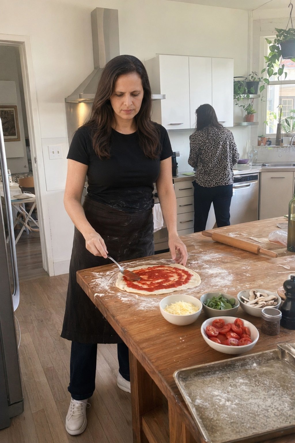 A woman making pizza at home, a warm and specific personality photo