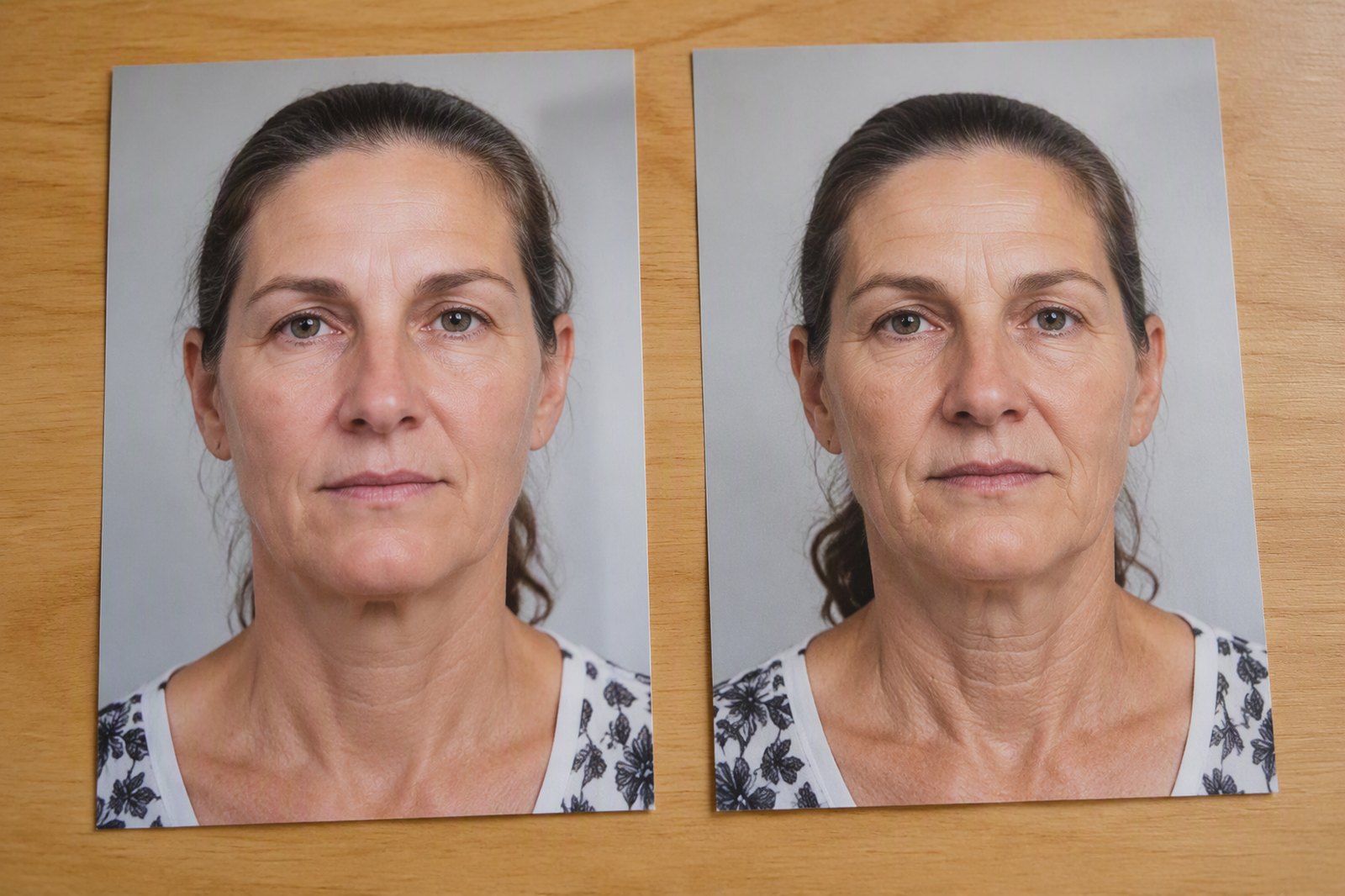 A portrait with added neck lines beside the original photograph
