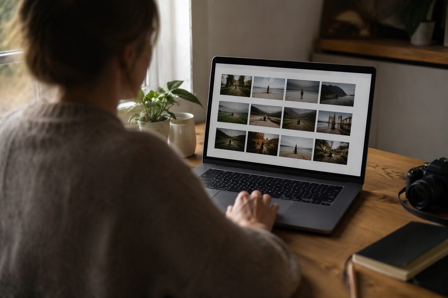Someone at a wooden desk looking at a grid of photo thumbnails on a laptop screen, soft daylight from a window, a camera resting beside them