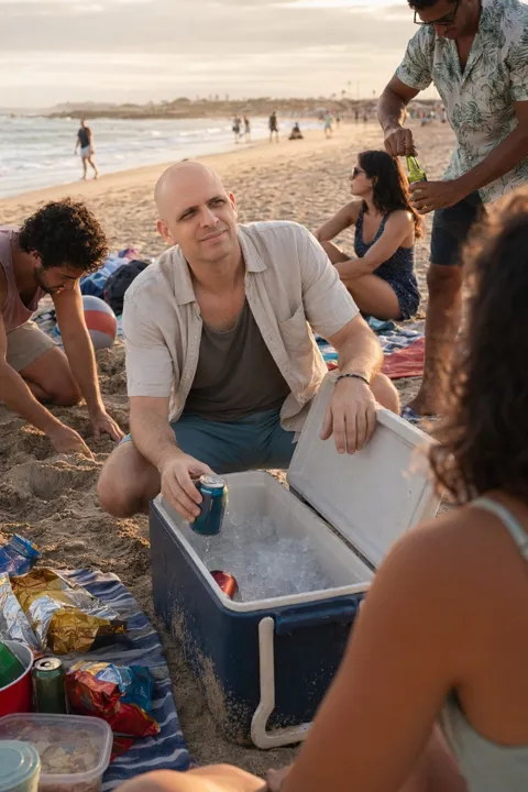AI dating photo example: opening a cooler on the beach