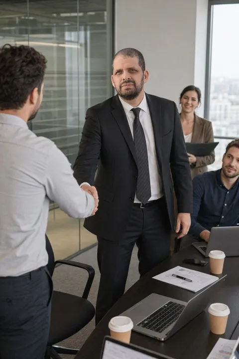 AI LinkedIn photo example: shaking a client's hand across a meeting table