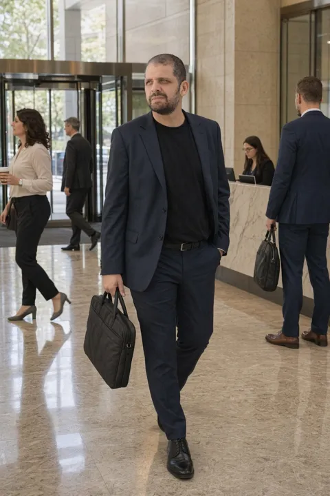 AI LinkedIn photo example: walking through a corporate lobby with a bag