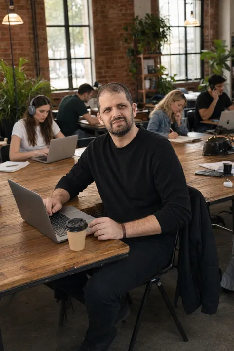 AI LinkedIn photo example: at a laptop in a coworking space