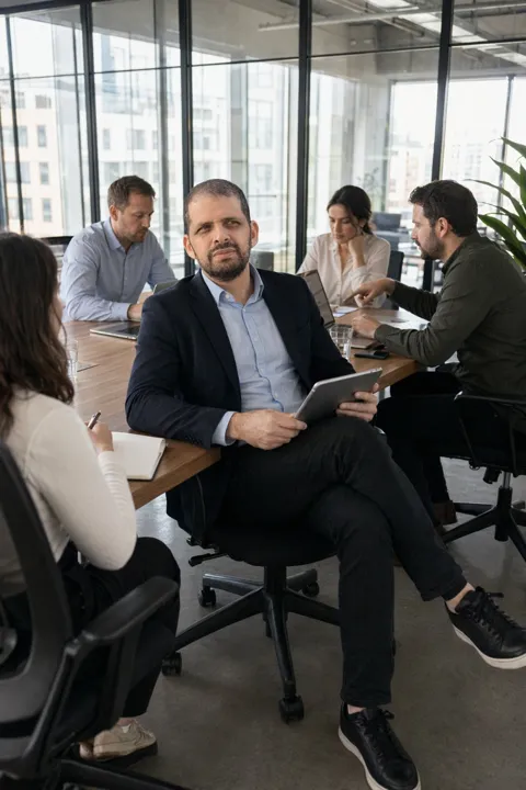Glass meeting room, third result: leaning back, team in conversation