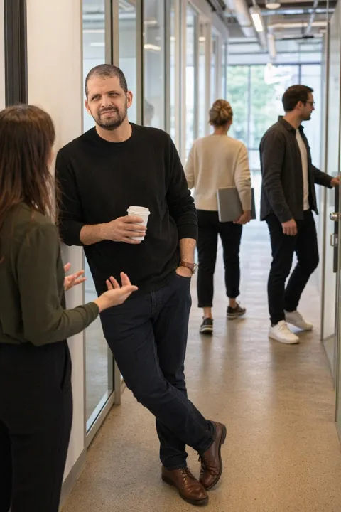 AI LinkedIn photo example: talking with colleagues in an office hallway