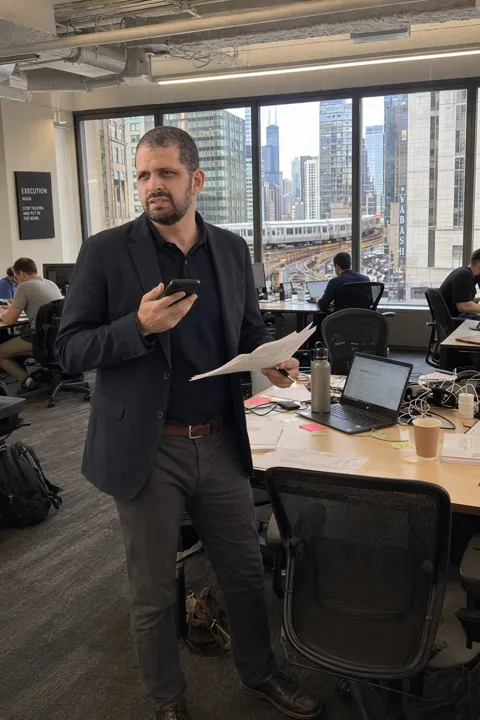 AI LinkedIn photo example: on a call in an office with the city behind