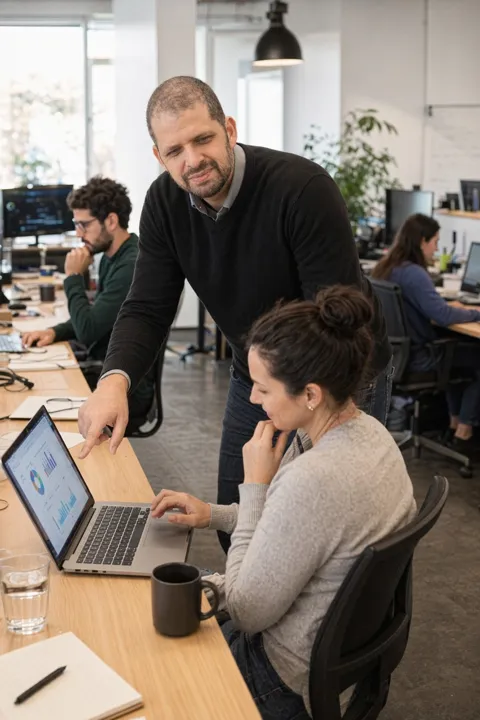 AI LinkedIn photo example: reviewing charts on a laptop with a colleague