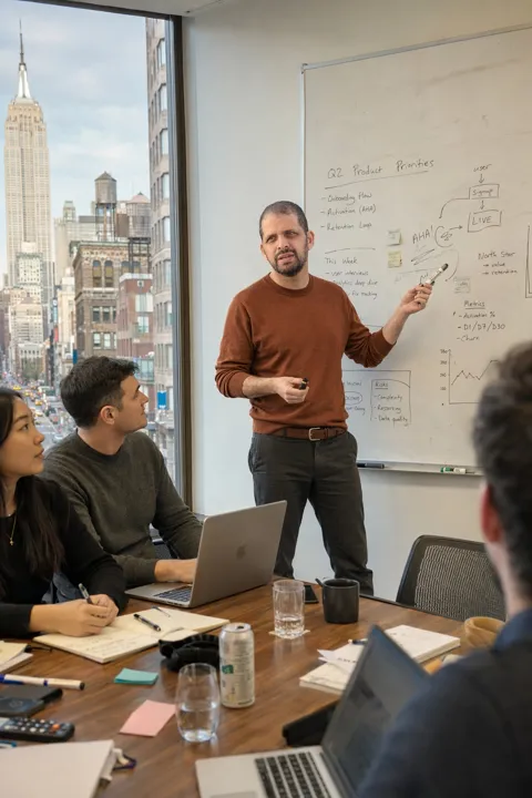 AI LinkedIn photo example: at a whiteboard walking a team through a plan