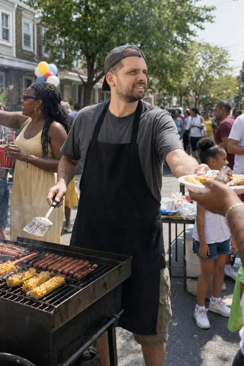 AI dating photo example: working the grill at a block party