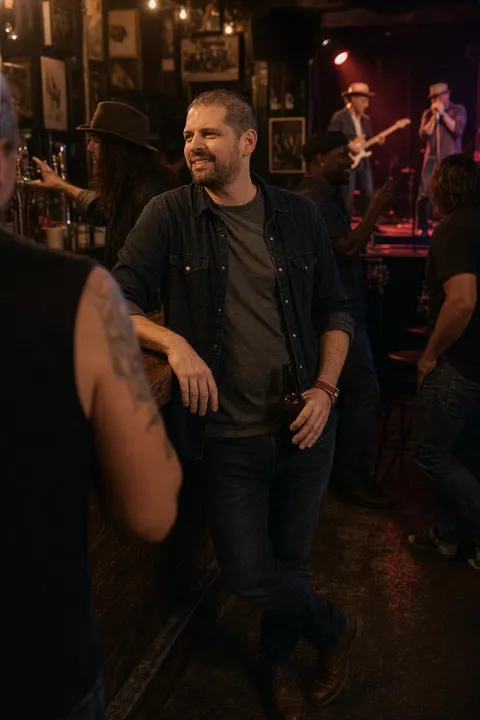 AI dating photo example: at a blues bar with the band behind