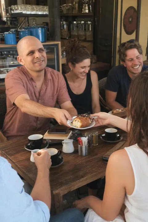 AI dating photo example: passing a plate across a cafe table of friends