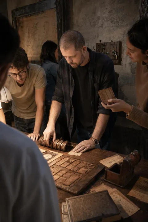 AI dating photo example: working an escape-room puzzle with friends
