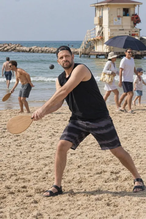AI dating photo example: playing matkot on a Tel Aviv beach