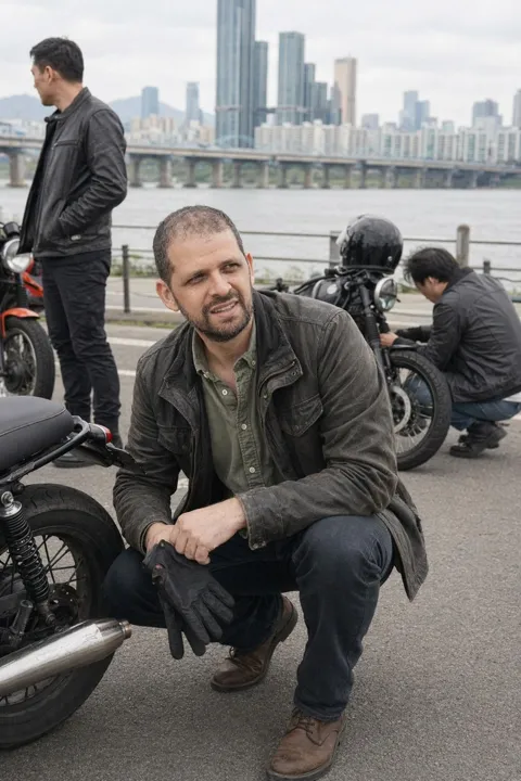 AI dating photo example: crouched by a motorcycle on a Seoul bridge
