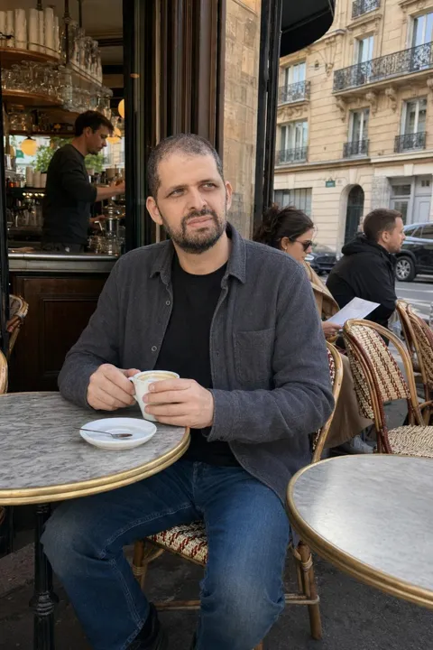 AI dating photo example: at a Paris cafe corner with a coffee