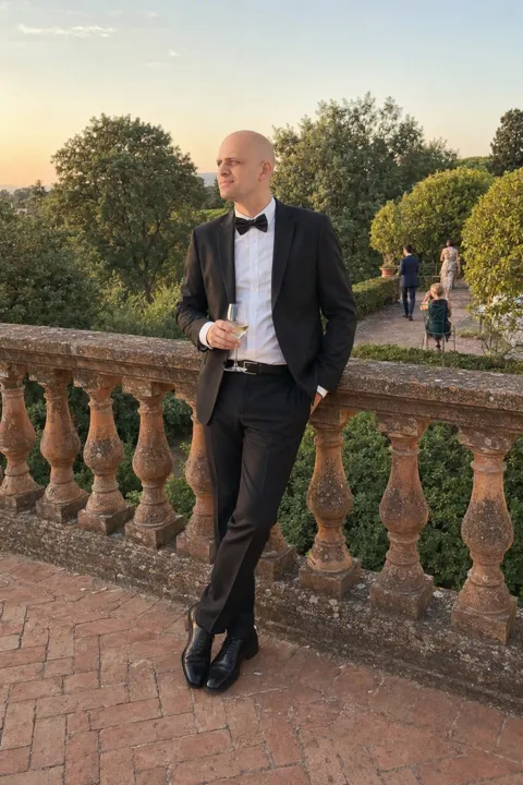AI dating photo example: on a stone terrace at dusk in a tuxedo