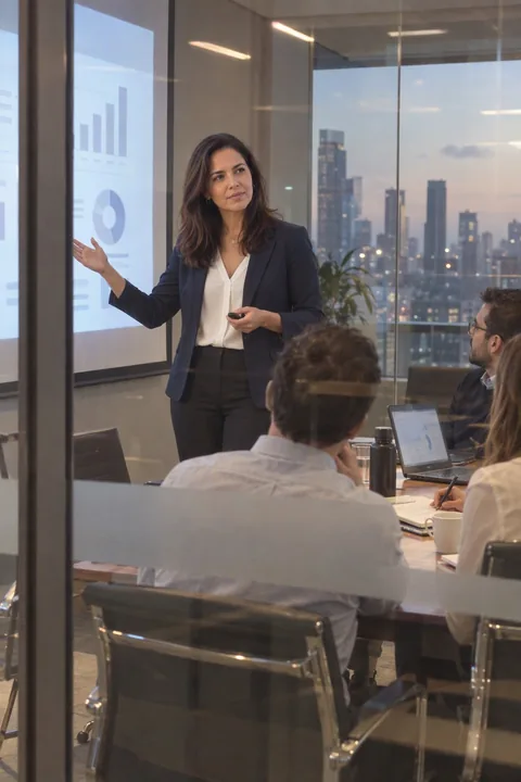 AI LinkedIn photo example: presenting from a projector in a corner boardroom, seen through the glass