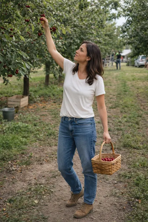 AI photo example for women: picking cherries in an orchard