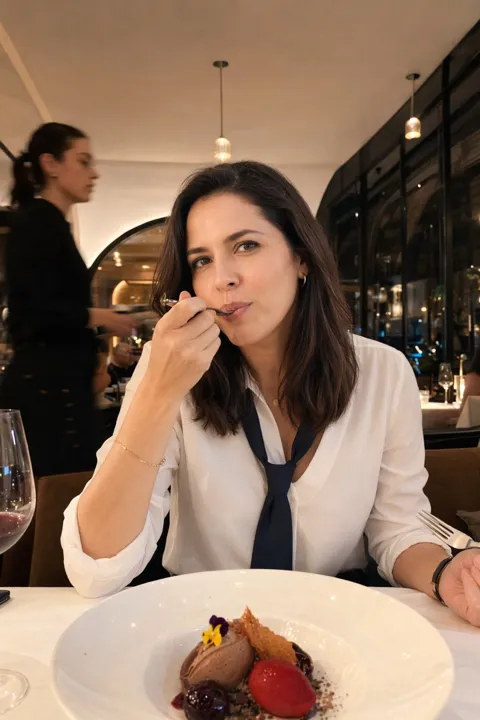 Not a headshot: eating dessert at a restaurant