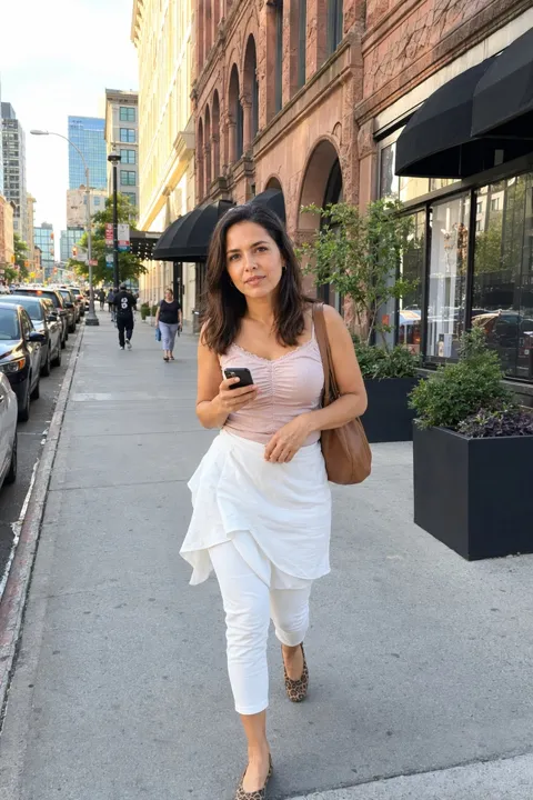 AI photo example for women: walking downtown with a phone