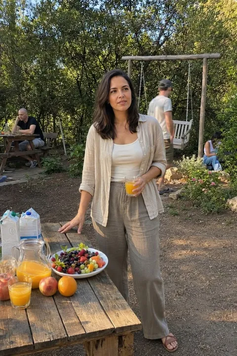 AI profile picture example: at a garden table with fruit and juice