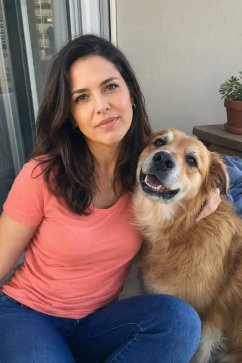 AI photo example for women: on a porch with a golden retriever
