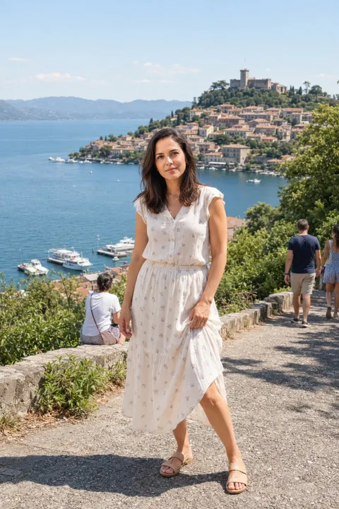 AI photo example for women: on a path above an Italian harbour town