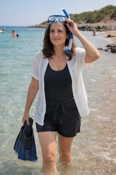 AI photo example for women: walking out of the sea with snorkel gear